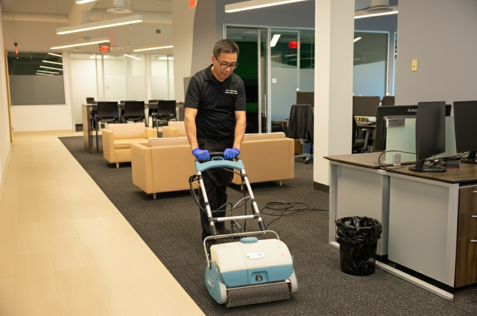 Commercial floor scrubber used in office cleaning services