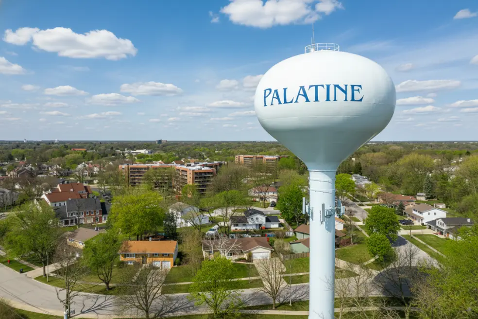 Aerial view of Palatine, Illinois showing business districts, office buildings, and commercial areas served by professional commercial cleaning services.