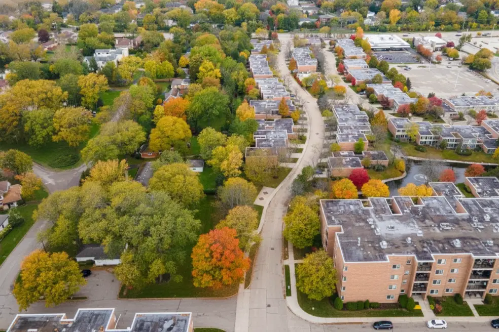 Aerial view of Schaumburg, Illinois showing corporate offices, business parks, and commercial districts served by professional commercial cleaning services.