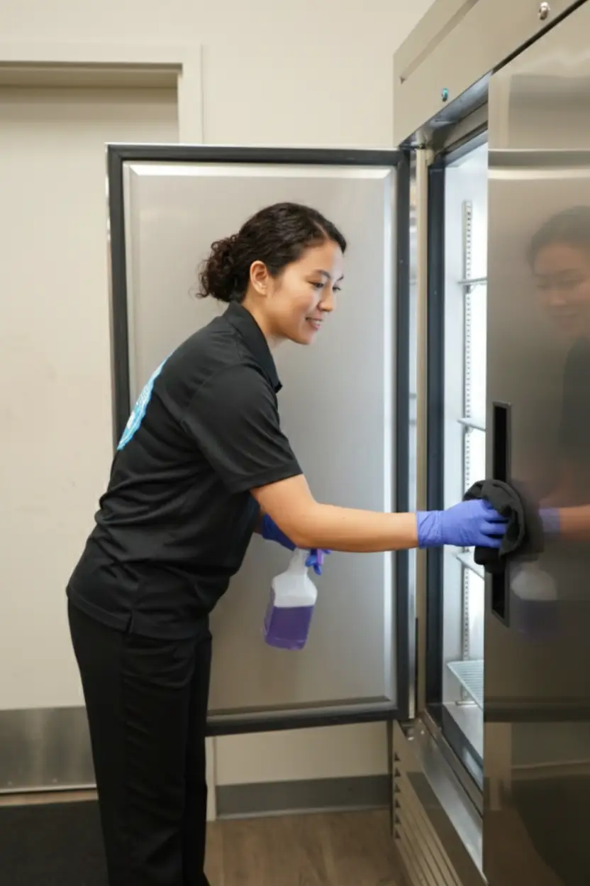 Professional cleaning staff performing glass and surface cleaning