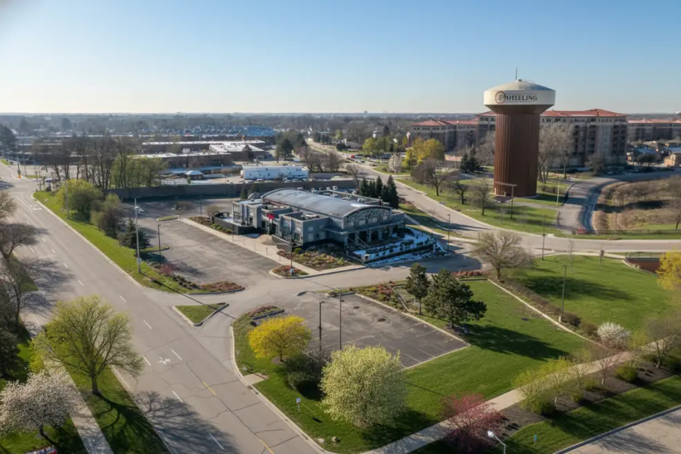 Aerial view of Wheeling, Illinois showing business districts, office buildings, and commercial corridors served by professional commercial cleaning services.